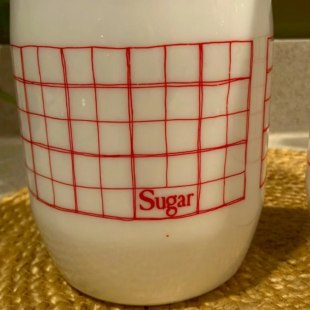 Vintage Wheaton 1.5L Milk Glass Flour & Sugar Jars/Canisters - Red & White